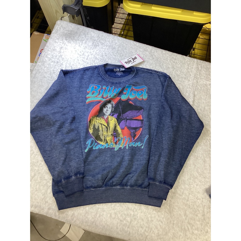 Billy Joel Piano Man Graphic Sweatshirt Powder Blue Burnout Wash Small NEW